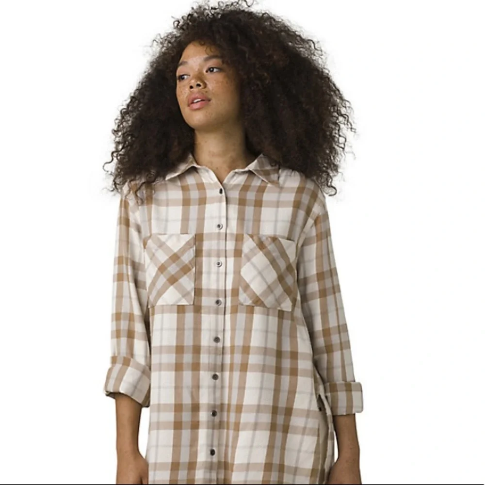 prAna Beige Plaid Button Down Flannel - Picture 1 of 8